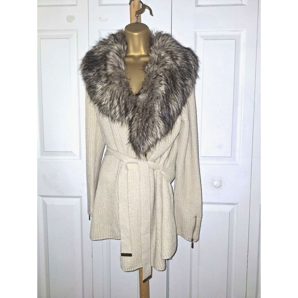 Penny Lane Removable Faux Fur Collar Belted Cardigan Sweater Womens Lg Cream Y2K